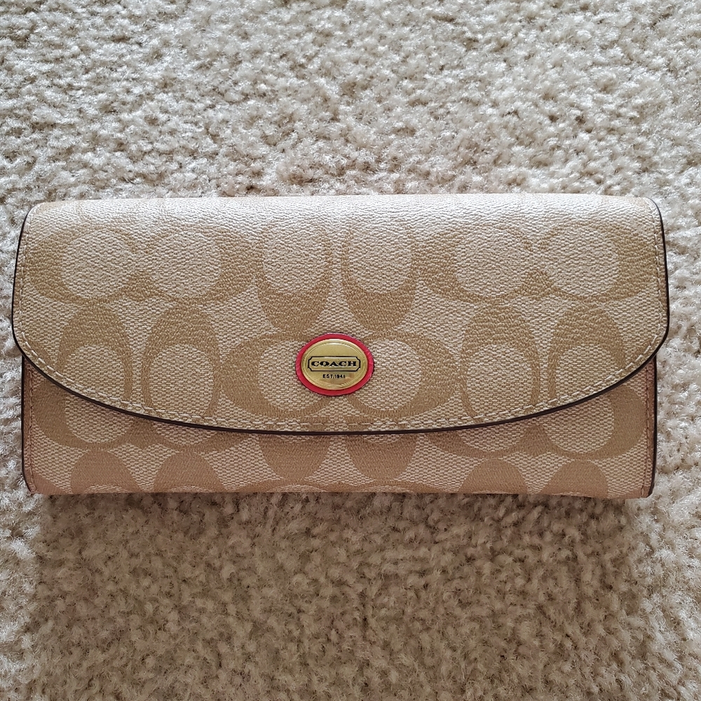 Coach Signature Beige Wallet with Gold Logo Accent